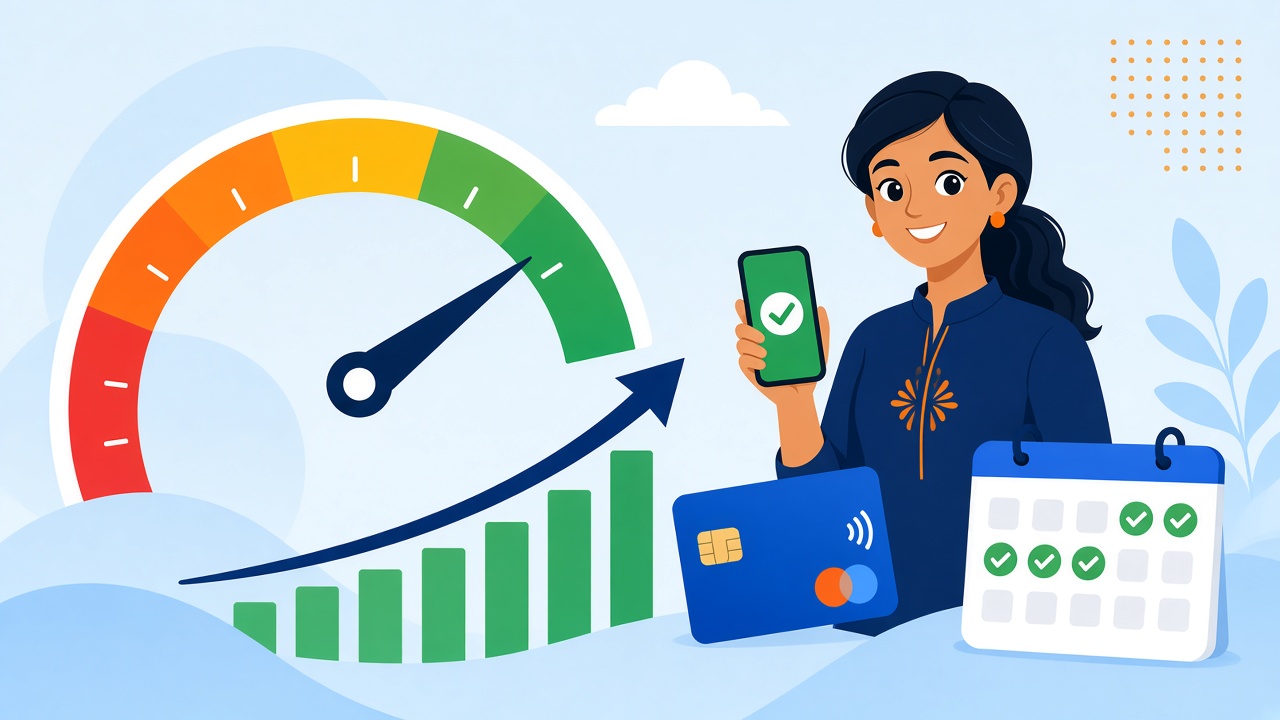 How to improve CIBIL score — credit score meter rising with on-time payments